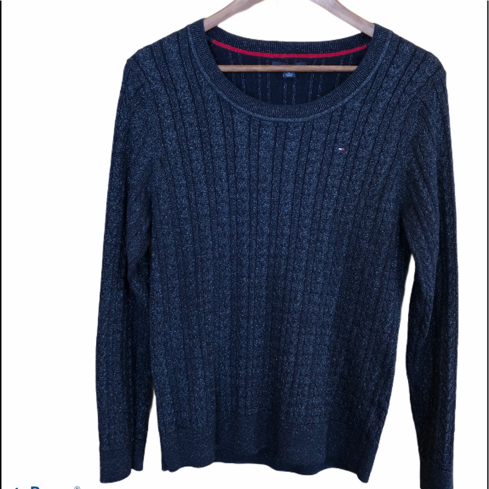 Tommy Hilfiger Women’s XL Stretchy Sparkle Sweater Vintage Cable knit Navy Blue